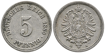 ГЕРМАНИЯ 5 ПФЕННИГОВ 1889 A, СТАРОГЕРБОВКА KM 3, J. 3 медно-никель 39-428