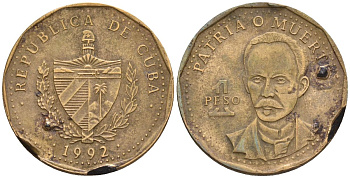 Куба 1 песо 1992 Хосе Марти KM 347, JMA 94, Schoen B34 сталь плакированная латунью 4116-151