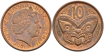 Новая Зеландия 10 центов 2006 Елизавета II (1952-2022), маска маори KM 117а сталь плакированная медью 106-956
