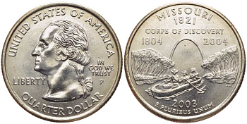 США 25 центов = квотер 2003 P, серия штаты США, Миссури KM 346 медь плакированная медно-никелем UNC M49-18