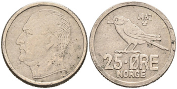 Норвегия 25 эре 1962 Улаф V (1958-1991), синица KM 407 медно-никель 4564-828