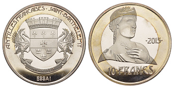 Французская Вест-Индия или Французские Антильские острова (Сен-Бартелеми) 10 франков 2015 ESSAI (пробник) биметалл BU 1082-4-53