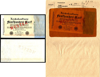 Германия 500 марок 1922 7 июля, зеленый номер, MUSTER, образец, Specimen. В оригинальном банковском конверте. Из коллекции Отто Сейфферта (помощник Ялмара Шахта - министра экономики Германии и президента Рейхсбанка времен третьего рейха) Pick 74 s, Grabow