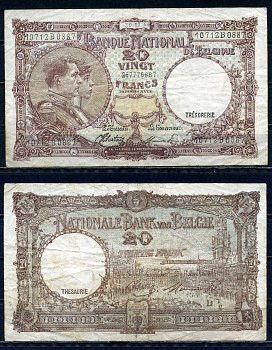 Бельгия 20 франков 1944 30.12.1944, Король Альберт I и его жена Королева Елизавета, Гран-Плас / Гроте Маркт, Брюссель Pick 111 (3) бумага 6301-12-1-2