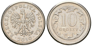 Польша 10 грошей 2010 MW KM 279 медно-никель UNC 4532-1163