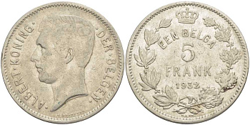 БЕЛЬГИЯ 5 ФРАНКОВ 1932 АЛЬБЕРТ I, DER BELGEN KM 98 никель 3851-422