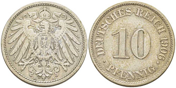 Германия 10 пфеннигов 1906 A KM 12, J. 13, Weege 8 медно-никель 259-854