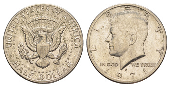 США 1/2 доллара (50 центов) 1971 D, Джон Кеннеди KM 202b медь плакированная медно-никелем aUNC 69-1224