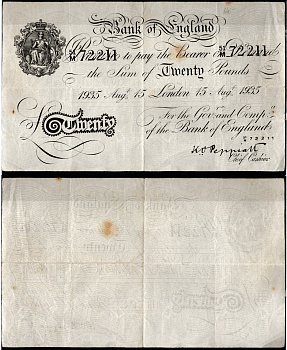 Англия 20 фунтов 1935 Операция "Бернхард", фальшивка в ущерб денежному обращению Pick 337 a бумага 451-1255-2