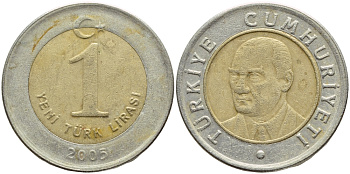 Турция 1 лира 2005 Кемаль Ататюрк KM 1169 биметалл 4397-237