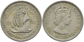Британские Восточно-Карибские территории 25 центов 1957 Елизавета II (1952-2022), парусник KM 6 медно-никель 76-1032