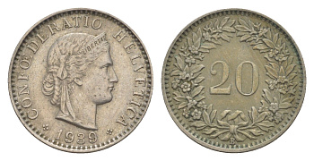 Швейцария 20 раппенов 1939 B KM 29a медно-никель 4625-963