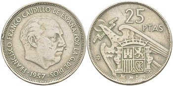 ИСПАНИЯ 25 ПЕСЕТ 1957 (59) ФРАНСИСКО ФРАНКО ДИКТАТОР ИСПАНИИ (1939-1975) KM 787 медно-никель 210-1124