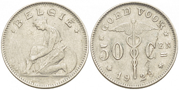 БЕЛЬГИЯ 50 САНТИМОВ 1928 BELGIE KM 88 никель 261-1165