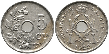 БЕЛЬГИЯ 5 САНТИМОВ 1922 BELGIE KM 67 медно-никель 72-1658