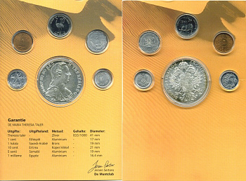 Нидерланды набор из 6 монет, талер Мария Тереза  Австрия 1 талер 1780SF Мария Тереза, Эфиопия 1 цент, Саудовская Аравия 1 халал, Эритрия 10 центов, Сомали 5 сенти, Египет 1 миллим, буклет  серебро  UNC  7-5-5-05