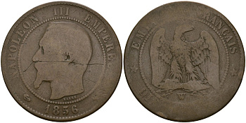 Франция 10 сантимов 1856 W - Лилль, Наполеон III (1852 - 1870) KM 771 бронза 4168-625