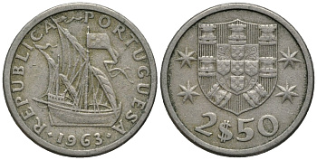 Португалия 2,5 эскудо 1963 парусник KM 590 медно-никель 4576-1256