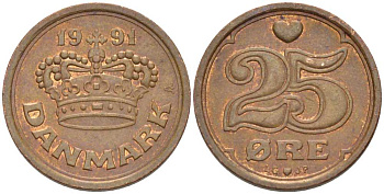 ДАНИЯ 25 ЭРЕ 1991 LG; JP; A, МАРГРЕТЕ II (1972-) KM 868.1 бронза 100-614