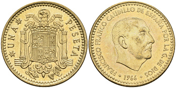Испания 1 песета 1966 (73) Франсиско Франко (1939-1975) KM 796 алюминиевая бронза 4604-415