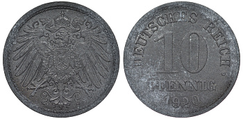 ГЕРМАНИЯ 10 ПФЕННИГОВ 1920 KM 26, J. 299 цинк 45-1265