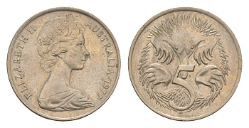 Австралия 5 центов 1977 Елизавета II (1952-2022) молодой портрет, ехидна KM 64 медно-никель 4152-227