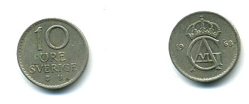 Швеция 10 эре 1968 Густав VI Адольф (1950-1973) KM 835 медно-никель 59-326
