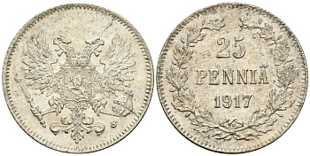 Россия для Финляндии 25 пенни 1917 S, временное правительство, без короны KM 19, Биткин 2 серебро aUNC 4580-1227