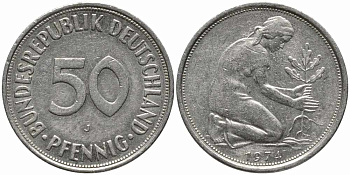 ФРГ 50 ПФЕННИГОВ 1974 J KM 109.1, J. 384 медно-никель 112-156