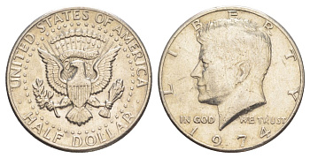 США 1/2 доллара (50 центов) 1974 Джон Кеннеди KM 202b медь плакированная медно-никелем aUNC 4536-834