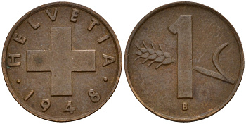 Швейцария 1 раппен 1948 B KM 46 бронза 4189-319