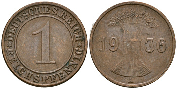 Германия 1 рейхспфенниг 1936 A KM 37, J. 313 бронза 4528-745