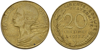 Франция 20 сантимов 1978 тип Marianne KM 930 алюминиевая бронза 4393-347