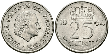 НИДЕРЛАНДЫ 25 ЦЕНТОВ 1964 ЮЛИАНА KM 183 никель 96-156