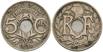 Франция 5 сантимов 1930 KM 875 медно-никель 4596-568