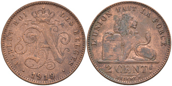 БЕЛЬГИЯ 2 САНТИМА 1919 BELGES KM 65 медь 106-416