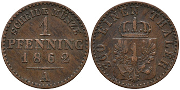 Пруссия 1 пфенниг 1862 А, Вильгельм I (1861-1888) KM 480 медь 4532-369