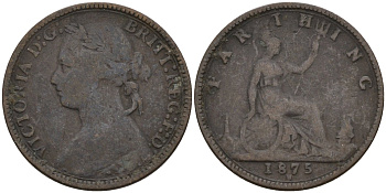 Великобритания 1 фартинг 1875 Виктория (1837-1901) KM 753, Spink 3958 бронза 4596-932