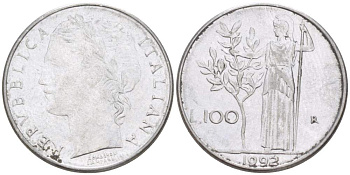 ИТАЛИЯ 100 ЛИР 1992 R, АФИНА, ДИАМЕТР 148 ММ. KM 96.2 нержавеющая сталь 4387-916