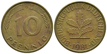 ФРГ 10 ПФЕННИГОВ 1981 G KM 108, J. 383 сталь плакированная латунью 41-1025