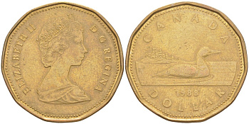 Канада 1 доллар 1988 утка, Елизавета II KM 157 никель плакированный алюминиевой бронзой 63-621