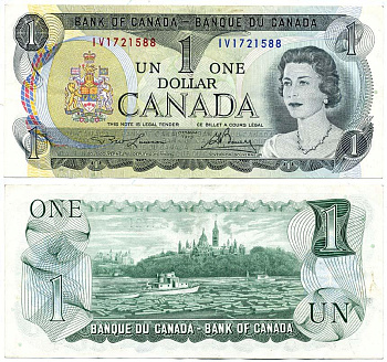 Канада 1 доллар 1973 Елизавета II (1952- ), здание парламента на реке Оттава, Lawson-Bouey, серии 2 буквы Pick 85 a (1)  бумага 6299-43-2-2