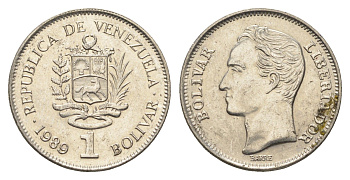 Венесуэла 1 боливар 1989 Симон Боливар, толстый шрифт Y 52a.2 сталь плакированная никелем 4662-854