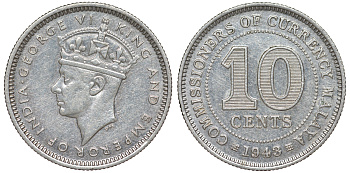 Британская Малайя 10 центов 1943 Георг VI (1937-1952) KM 4a серебро 53-256