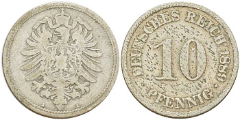 ГЕРМАНИЯ 10 ПФЕННИГОВ 1889 A, СТАРОГЕРБОВКА KM 4, J. 4, Weege 7 медно-никель 261-1233