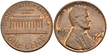 США 1 цент 1968 Линкольн KM 201 медь цинк 4115-843