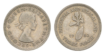 Родезия и Ньясаленд 3 пенса 1962 Елизавета II (1952-2022), цветок глориоза KM  3 медно-никель  4640-925