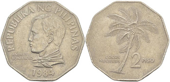 ФИЛИППИНЫ 2 ПИСО 1984 КОКОСОВАЯ ПАЛЬМА, АНДРЕС БОНИФАСИО KM 244 медно-никель 4542-845