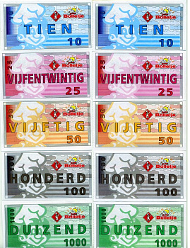 НИДЕРЛАНДЫ НАБОР ИЗ 5 БАНКНОТ ND КУЛИНАРИЯ BOLLETJE (10, 25, 50, 100, 1000) бумага UNC (ПРЕСС) 7146-31-1-2