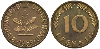 ФРГ 10 пфеннигов 1969 F J 383, KM 108 сталь плакированная латунью  PROOF  1099-4-31
